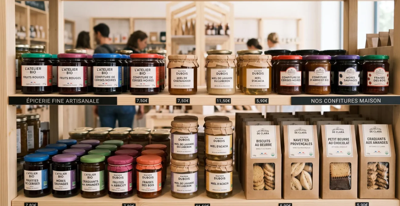 Linéaire de magasin bio avec produits alimentaires artisanaux aux emballages personnalisés soignés, pots en verre et boîtes kraft sur étagères en bois clair, étiquettes élégantes et colorées