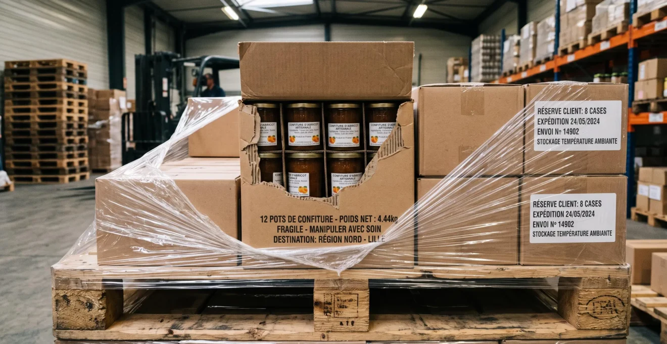 Palette industrielle avec carton ouvert montrant pots de confiture en emballage primaire, cartons secondaires empilés et film étirable tertiaire de palettisation en zone d'expédition