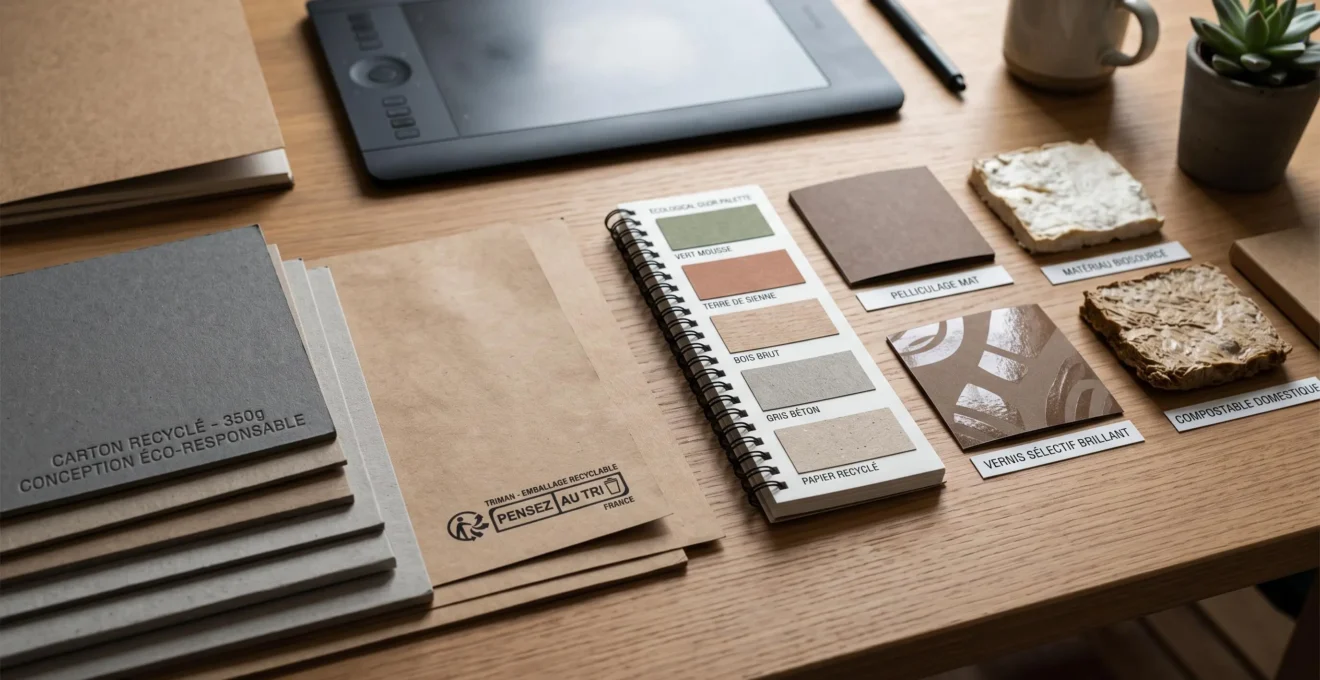 Table de studio graphique avec échantillons de cartons recyclés et kraft naturel, logo Triman visible, nuancier couleurs écologiques et échantillons finitions, tablette en arrière-plan