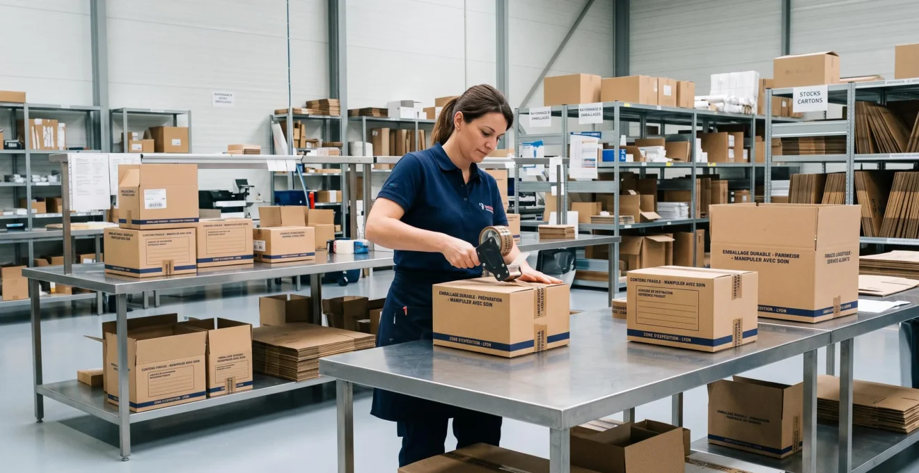 Zone de conditionnement logistique moderne avec employé finalisant un colis sur table de travail, cartons personnalisés de différentes tailles, ruban adhésif imprimé, environnement professionnel lumineux aux sols gris clair