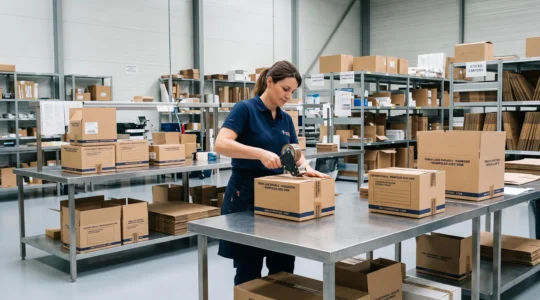 Zone de conditionnement logistique moderne avec employé finalisant un colis sur table de travail, cartons personnalisés de différentes tailles, ruban adhésif imprimé, environnement professionnel lumineux aux sols gris clair